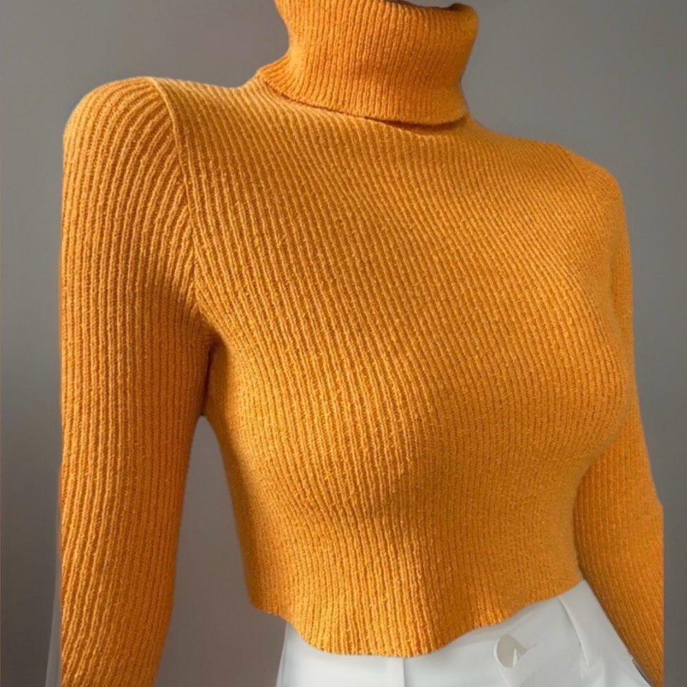 Vintage Cropped Knit Orange Turtleneck Sweater Size XXS-XS